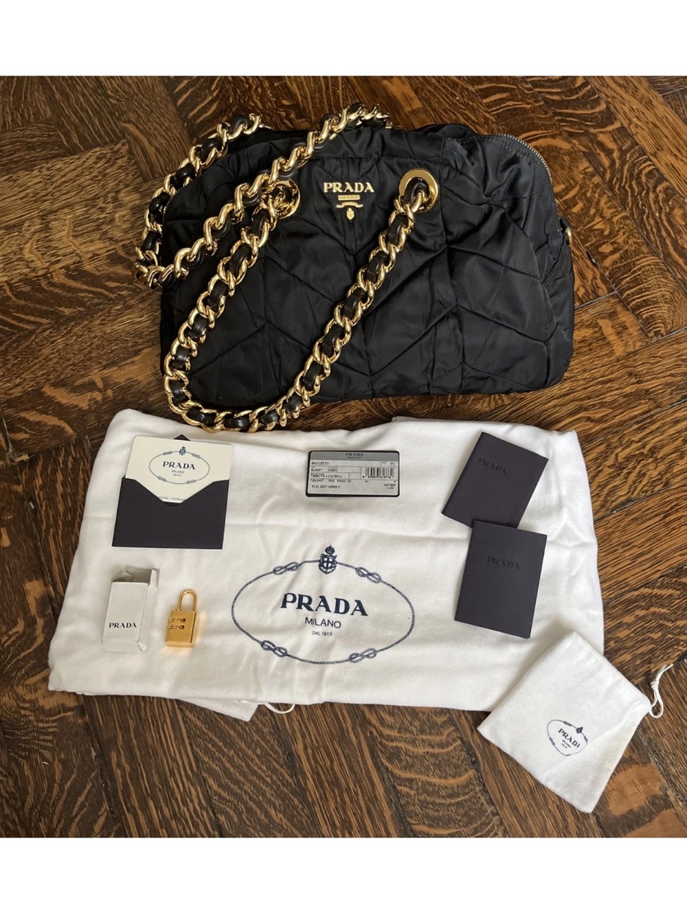 PRADA Tessuto Nylon Chevron Catena Shoulder Bag Black